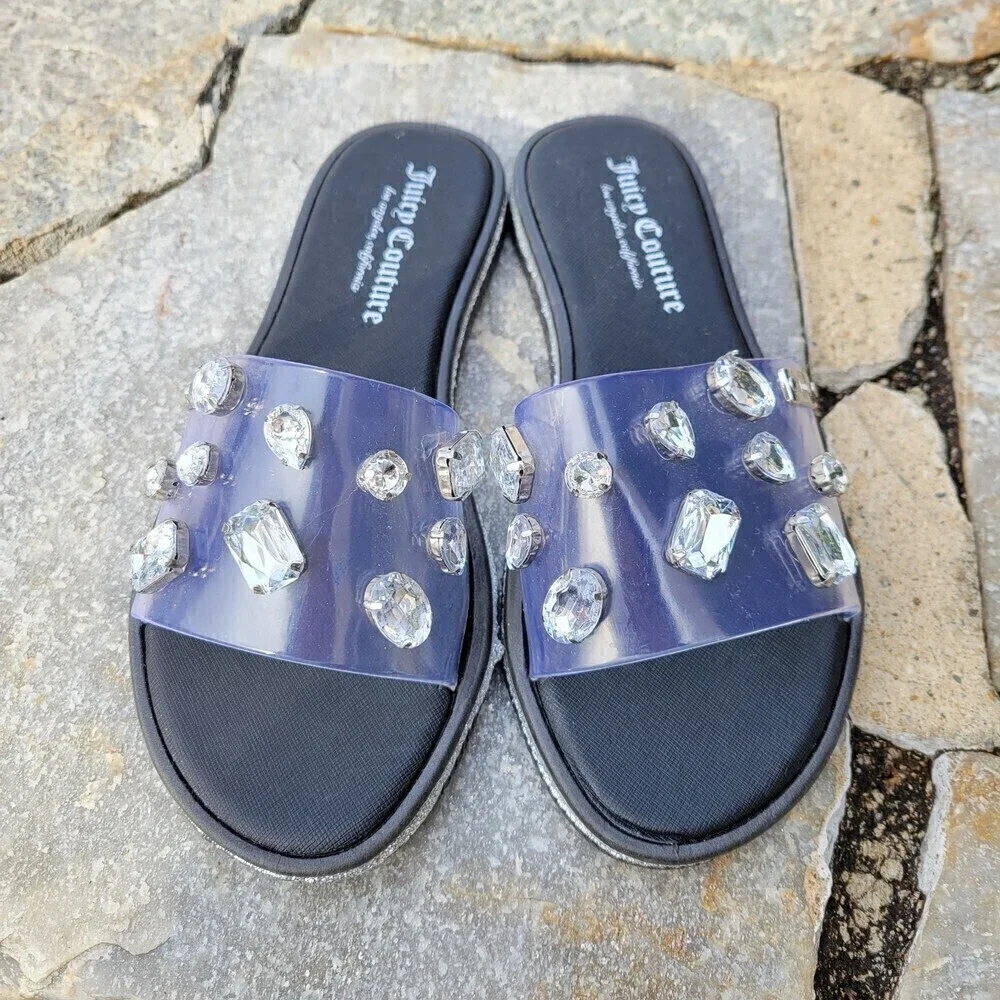 Juicy Couture Silver Gem Yapper Slides Sandals Black Size 6